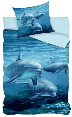 Blåt sengetøj 140x200 cm - Svømmende delfiner - Sengetøj med dyr - 100% bomuld